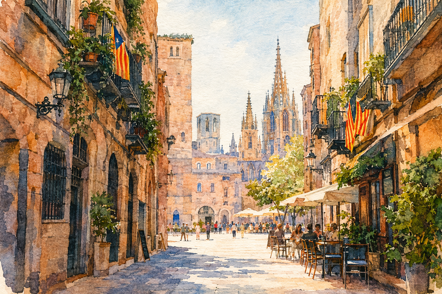 Watercolor of a lane in Barcelona's Gothic Quarter