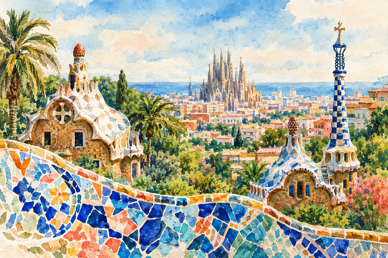 Watercolor of Park Güell and Gaudí architecture