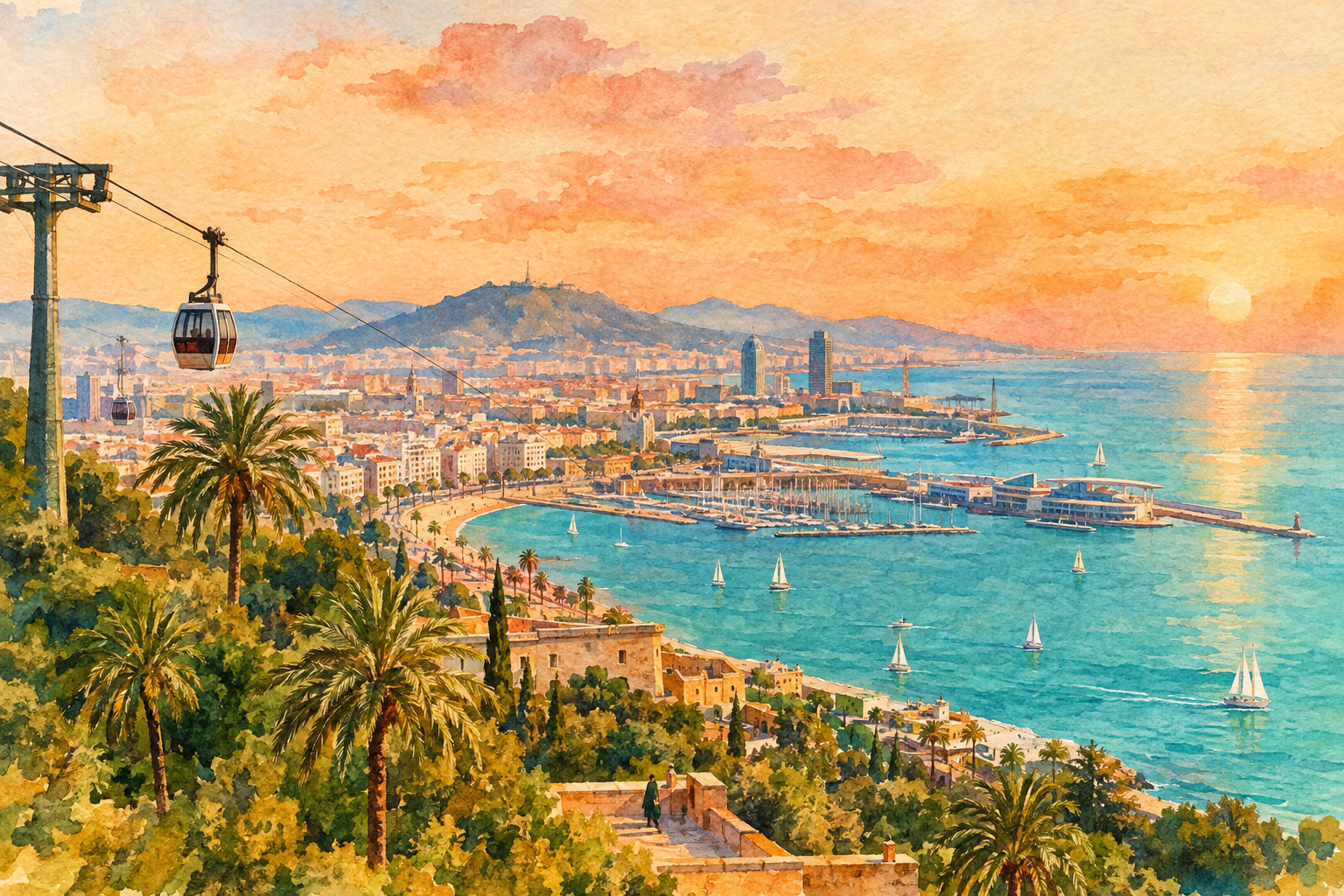 Watercolor of Barcelona's coast and Montjuïc