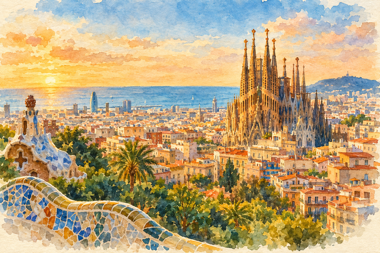 Watercolor panorama of Barcelona and the Sagrada Família